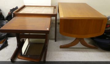 Small teak furniture: to include a 1970s nine tile top occasional table  17"h  22"w