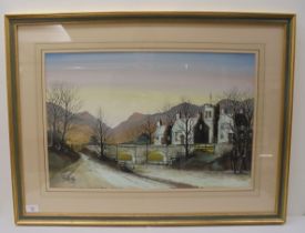 Ron Folland - a canal scene on a winter morning  mixed media  bears a signature  15" x 23"  framed