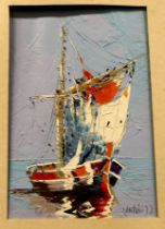 A French sailing vessel  oil on paper  bears an indistinct signature & dated '77  11" x 7.5"  framed