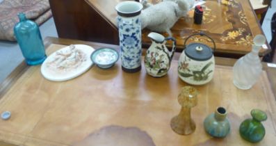 Ceramics and glassware: to include a china biscuit barrel, decorated with flora  7"h