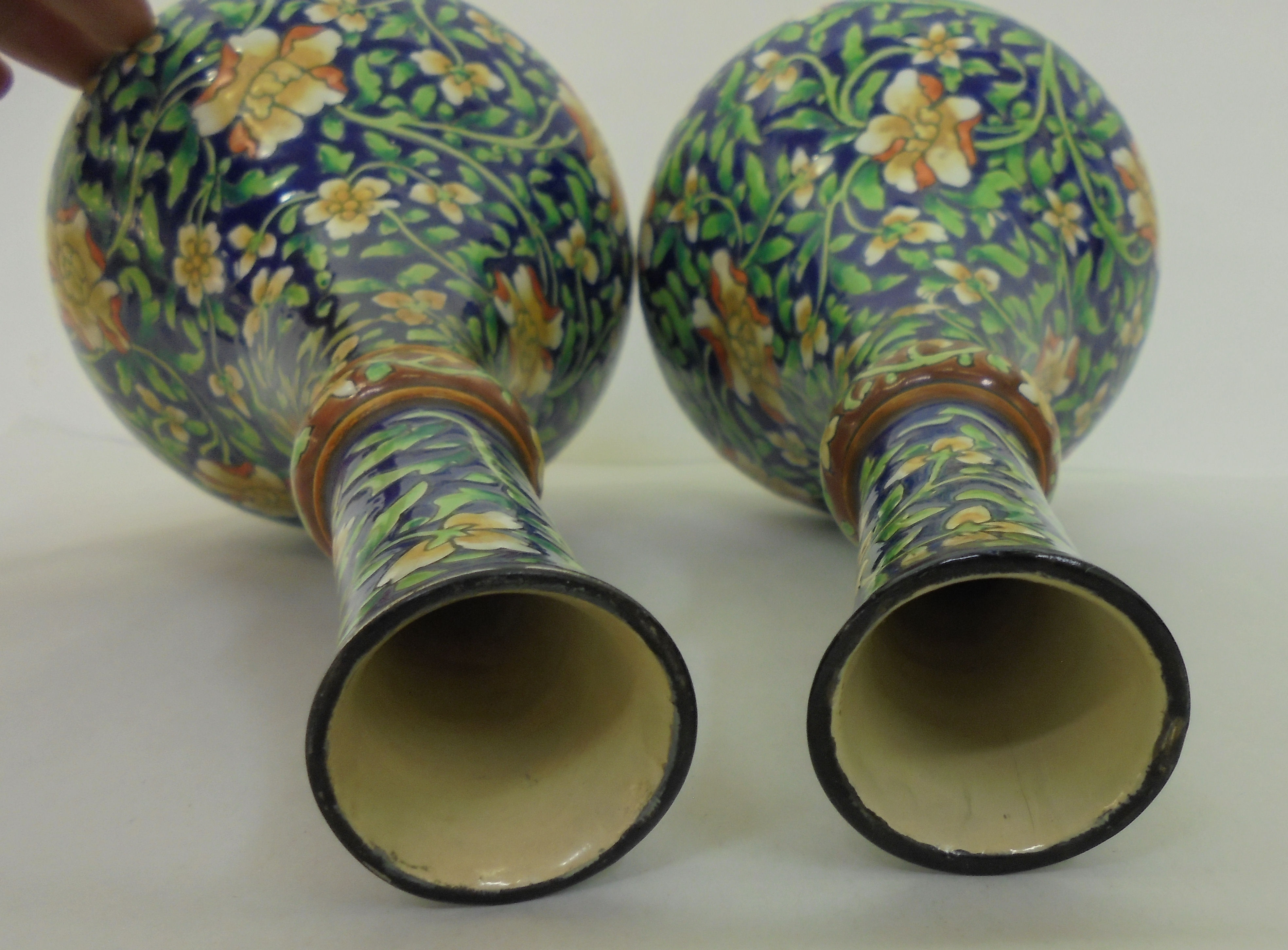 A pair of British Art pottery Arts & Crafts faience vases, decorated in colours with scrolled - Image 5 of 5