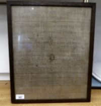 A late 18thC sampler, featuring a prayer and attendant text, dated 17**  16" x 13"  framed