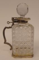 A late Victorian hobnail cut glass, square, shouldered whisky decanter with silver mounts,