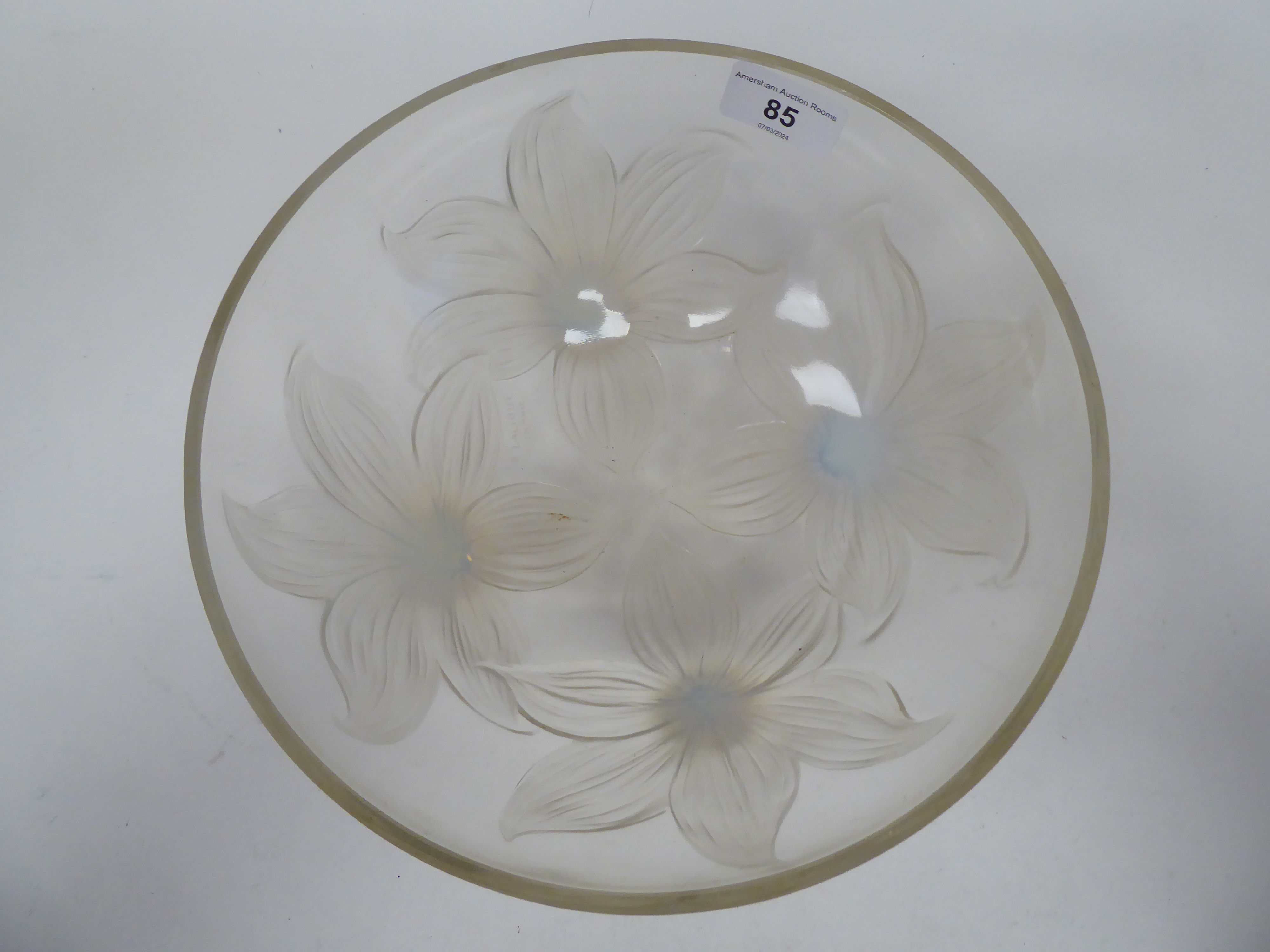 A Lalique clear and opalescent crystal Lys pattern bowl, on stem feet  bears an engraved mark and - Image 2 of 3
