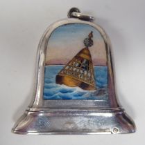 A late Victorian silver and coloured enamel novelty vesta case, fashioned as a ship's bell with a