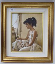 Carlo Bonai - a half-length portrait, a seated dancer  oil on board  bears a signature, dated '