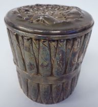 An Art Nouveau James W Tufts, Boston silver plated cigar drum of cylindrical form, decorated with
