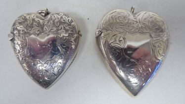 Two similar Victorian silver heart shape vesta cases with engraved ornament, on pendant rings  mixed