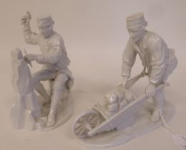 Two Dresden ivory glazed porcelain figures, stonemasons, one working with a mallet, the other