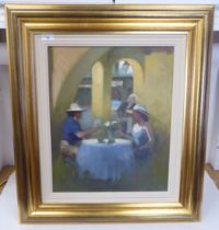 Tom Quinn - a study of two figures in a cafe  oil on board  bears a signature  19" x 15.5"  framed