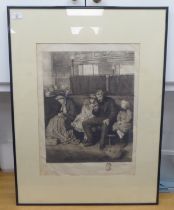 After Hubert Herkomer - a family gathering in a chapel  etching  bears a pencil signature  18" x 14"