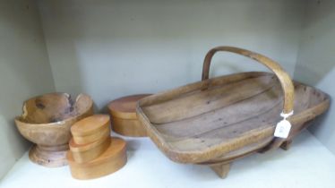 Rustic woodware, viz. a one pierce, turned fruit bowl  8"dia; a set of four US made, oval Shaker