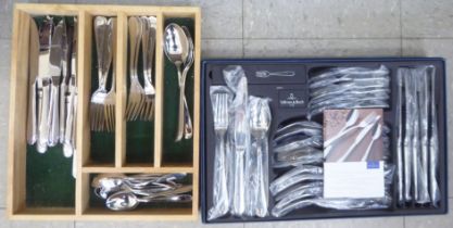 A Villeroy & Bosh stainless steel set of cutlery and flatware, in a fitted case; and another,