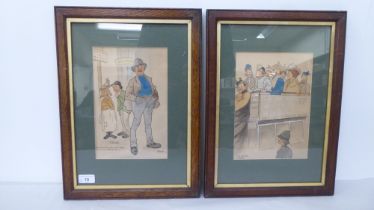 Two framed early 20thC humorous period studies  pen & watercolour  7" x 10"