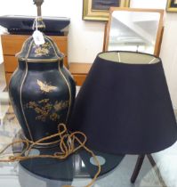 A 19thC style black lacquered and gilded covered, baluster vase design table lamp  19"h with a black