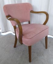 A stained beech framed open arm chair, upholstered in pink fabric, raised on tapered forelegs