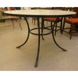 A Kettler composition mosaic top garden table, on a wrought metal base  30"h  43"dia