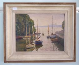 Leslie Kent - boats in an estuary  oil on board  bears a signature  14" x 17"  framed