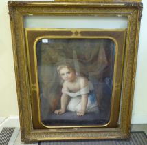 19thC British School - a little girl hiding under a table cloth  pastel  22" x 27"  framed