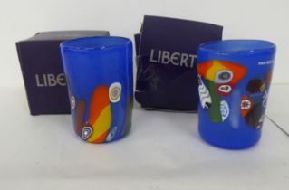 Two similar Murano glass beakers, decorated geometric patterns of a deep blue ground  boxed