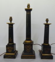 Three identical lacquered green and gilded pillar design table lamps  comprising a pair 17"h & one