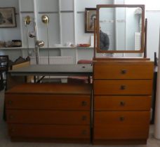 1980s teak bedroom furniture, viz. a dressing mirror  23"h  24"w; a four drawer dressing chest, on a