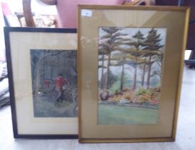 R B - a woodland landscape  watercolour  bears initials  11" x 16"; and a hunting print  12" x