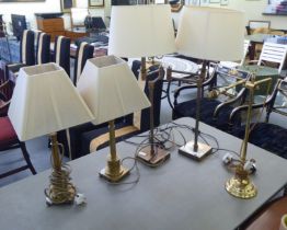 Five dissimilar lacquered brass and burnished steel desk and table lamps: to include a pair with