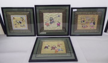 A series of four 20thC Chinese silk pictures, variously featuring children and pandas  10" x 12"