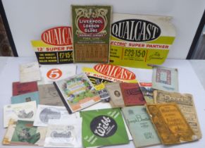 Mainly early/mid 20thC lawnmower related ephemera: to include Qualcast card signs  largest 14" x
