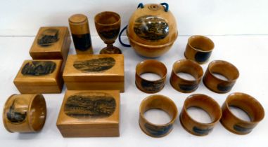 Treen: to include napkin rings, egg cups and a Mauchlineware box for Bournemouth  4"w