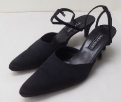 A pair of ladies Giorgio Armani black leather and fabric, low heeled shoes  size 39.5 with a dust