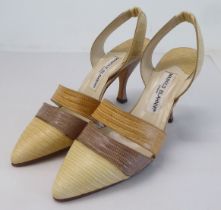 A pair of ladies Manolo Blahnik tri-coloured snakeskin effect leather heeled sandals  size 38.5