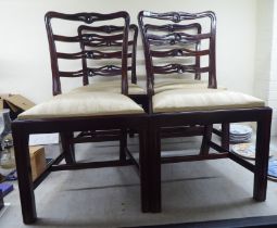 A set of four modern Georgian design mahogany framed, quadruple bar back dining chairs, the fabric