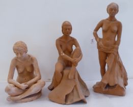 Three amateur terracotta nude sculptures  largest 18"h