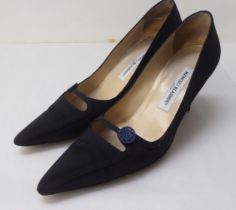 A pair of ladies Manolo Blahnik black fabric, heeled shoes  size 39 with a dust bag