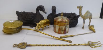 A mixed lot: to include functional 20thC metalware and two composition model ducks  7"h