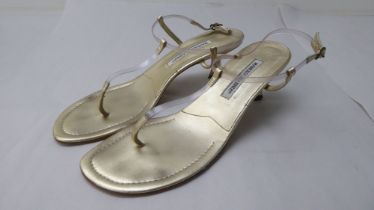 A pair of ladies Manolo Blahnik rubbed gold effect leather heeled, open toe sandals  size 39.5