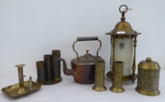 Metalware: to include an Arts & Crafts style lacquered brass lantern with an opaque shade  17.5"h