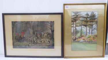 R B - a woodland landscape  watercolour  bears initials  11" x 16"; and a hunting print  12" x