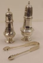 A silver plated caster; another in silver; and a pair of silver sugar tongs  mixed marks