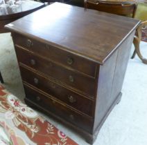 An early/mid 19thC mahogany finished four drawer dressing chest, raised on bracket feet  30"h  27"w