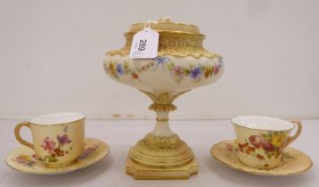 Two circa 1900 Royal Worcester, overpainted blush china cups and saucers; and a Royal China Works