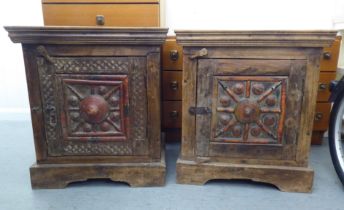 Two similar rustically constructed hardwood single drawer bedside chests, on a bracket plinth  24"h