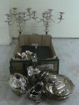 Silver plated tableware: to include a pair of four branch candelabra  16"h; cutlery and flatware