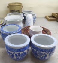 Modern, mainly blue and white Chinese porcelain planters  all approx. 7"h