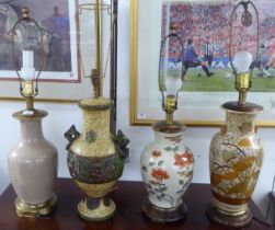 Four dissimilar crackle glazed design and other china table lamps  all approx. 16"h