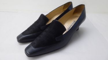 A pair of ladies Manolo Blahnik black leather and fabric, low heeled shoes  size 38.5