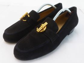 A pair of ladies Hermes black suede, low heeled loafers  size 39