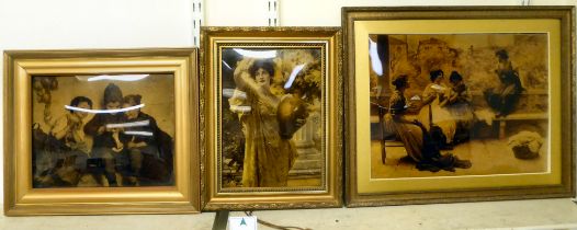 Three variously framed crystoleums, viz. a woman holding a vase of flowers  10.5" x 7.5"; three